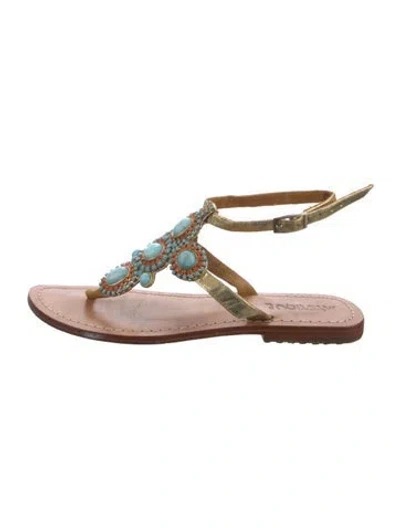 Pre-owned Mystique Leather Crystal Embellishments T-strap Sandals In Silver