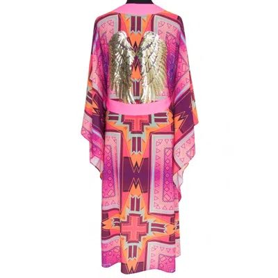 Mystique Pink Long Kimono Gold Wings In Multi
