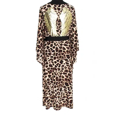 Mystique Safari Brown Leopard Kimono Long W/ Wings In Black