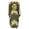 Mystique Tribal Beige Aztec Long Kimono Skull In Green