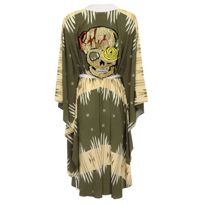 Mystique Tribal Beige Aztec Long Kimono Skull In Green