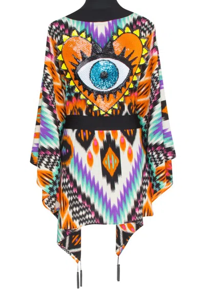 Mystique Tribal Orange Apache Kimono Evil Eye Black Short In Multi