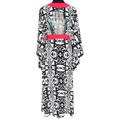 Mystique Tulum Tribal Kimono Hamsa Neon Coral Long In Black