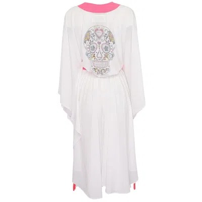 Mystique White Long Kimono Skull In Neon Pink