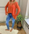 Mystree Acid Washed Lace Yoke Bellsleeve Top In Orange