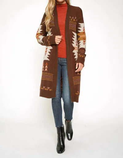 Mystree Aztec Print Open Front Cardigan In Chocolate In Gold