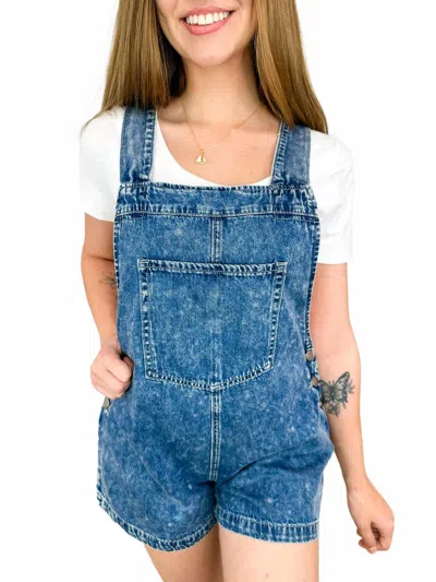 Mystree Be You Cotton Overall Shorts In Medium Wash Denim In Blue