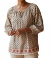 Mystree Boho Embroidered Border Gathered Sleeves Tunic Top In Multi In Neutral
