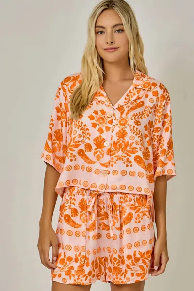 Mystree Botanical Tribal Print Shirt In Sun Blush In Orange