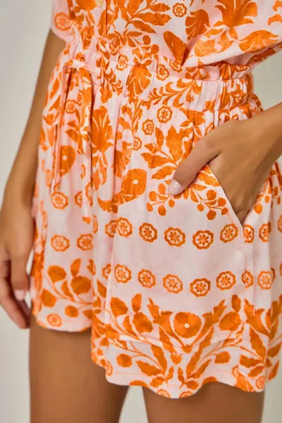 Mystree Botanical Tribal Print Shorts In Sun Blush In Orange