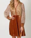 Mystree Bubble Sleeve Color Blocked Velvet Dress In Pumpkin
