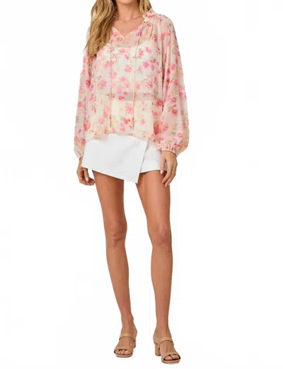 Mystree Bubble Sleeve Lurex Ruffle Collar Blouse In Blush/berry In Multi