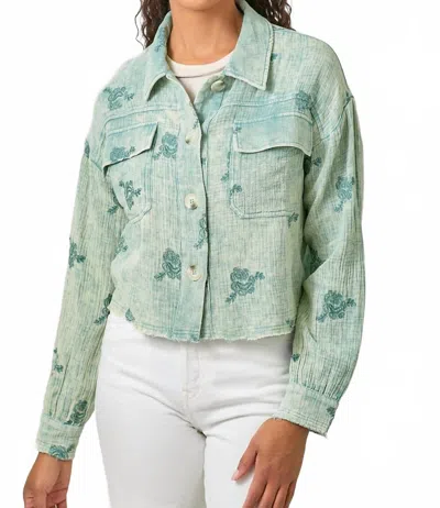 Mystree Catalina Floral Gauze Embroidery Button Up Top In Washed Kingfisher In Blue