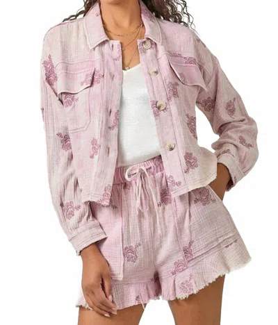 Mystree Catalina Floral Gauze Embroidery Button Up Top In Washed Plum In Pink
