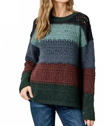 Mystree Color Blocked Pointelle Sweater In Navy Burgundy Mix In Multi
