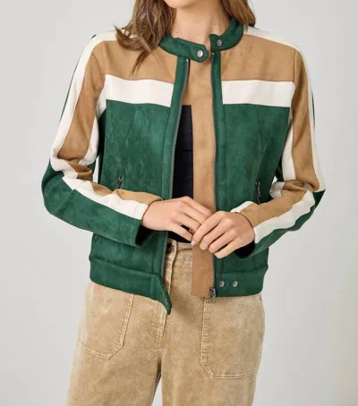 Mystree Colorblock Faux Suede Racer Jacket In Green Mix