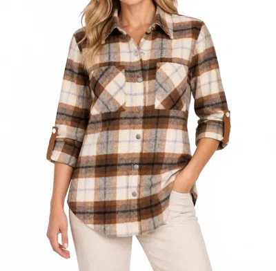 Mystree Cozy Brushed Plaid Shacket In Toffee In Brown