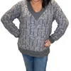 Mystree Cozy Patterned V-neck Sweater In Purple Charcoal In Multi
