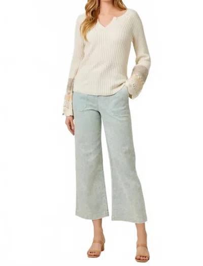 Mystree Crochet Accent Mixed Media Sleeve Henley Sweater In Ivory In Neutral