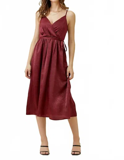 Mystree Crushed Satin Long Surplice Dress In Wine In Pink