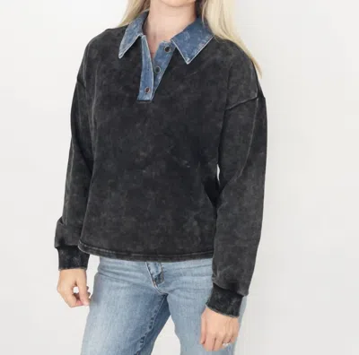 Mystree Denim Collar Washed Polo Shirt In Black In Gray