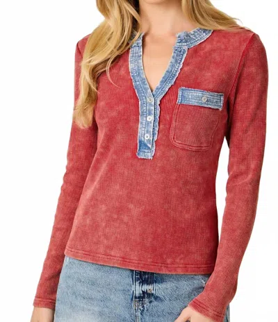 Mystree Denim Mixed Henley Top In Washed Red In Multi