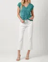 Mystree Drawstring Center Ruched Knit Top In Teal In Blue