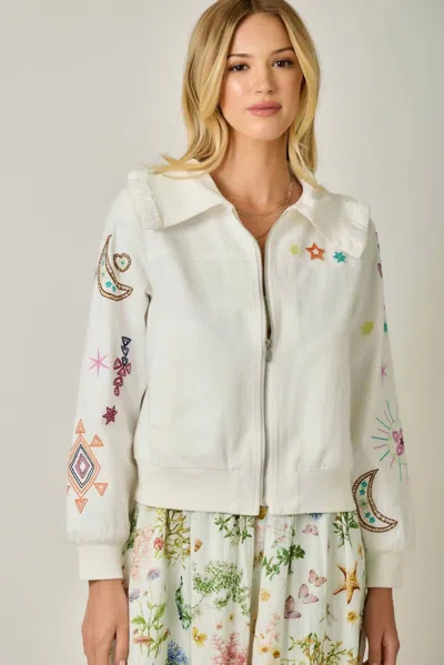 Mystree Embroidered Blouson Jacket With Star Detail In Vintage White In Multi