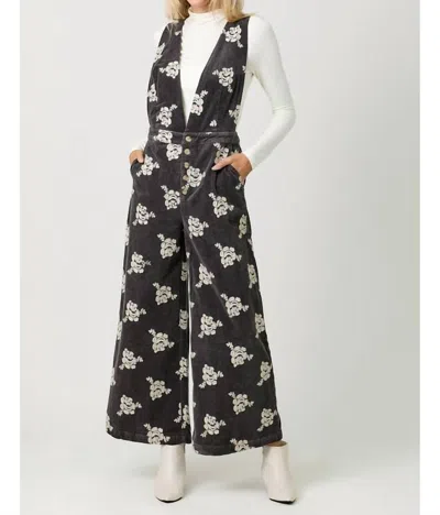 Mystree Embroidered Corduroy Jumpsuit In Charcoal In Pink