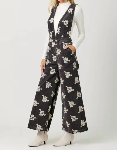 Mystree Embroidered Corduroy Jumpsuit In Washed Black