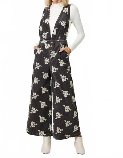 Mystree Embroidered Corduroy Jumpsuit In Washed Black