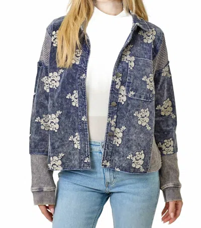 Mystree Embroidered Floral Jacket With Removable Hood & Hi-lo Hem In Washed Blue