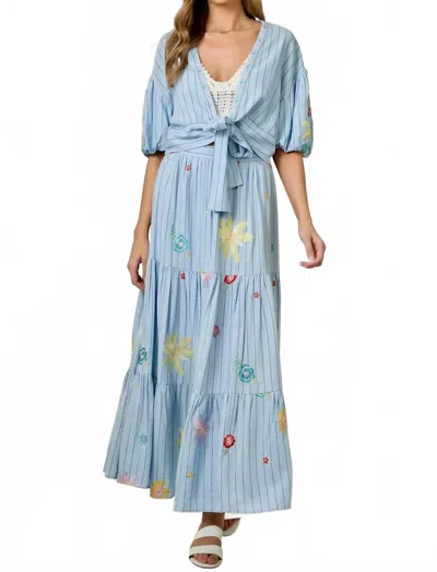 Mystree Embroidered Pinstripe Puff Sleeve Cardigan In Blue