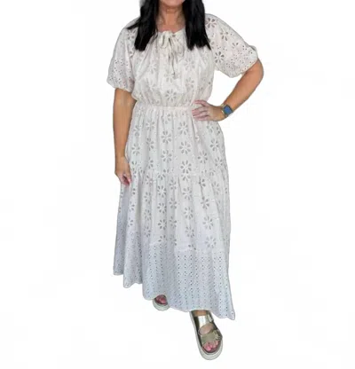 Mystree Eyelet Short Sleeve Maxi Dress In French Vanilla In White