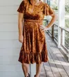 Mystree Fall Feel Crushed Velvet Midi Dress In Rust