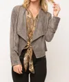 Mystree Faux Suede Draped Lapel Jacket In Charcoal In Pink