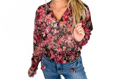 Mystree Feels So Connected Sheer Long Sleeve Floral Top In Black In Multi