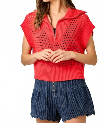 Mystree Fishnet Zip-up Short Sleeve Sweater In Red In Blue