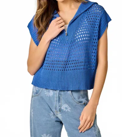 Mystree Fishnet Zip-up Short Sleeve Sweater In Royal Blue