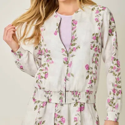 Mystree Floral Linen Bomber Jacket In Multi In White