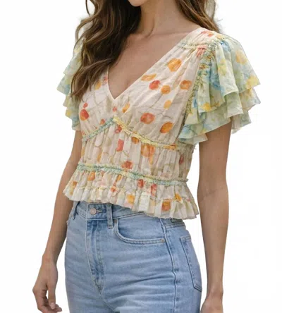 Mystree Flutter Sleeve Mesh Tiered Top In Butter & Green In Multi