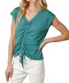Mystree Drawstring Center Ruched Knit Top In Teal In Green
