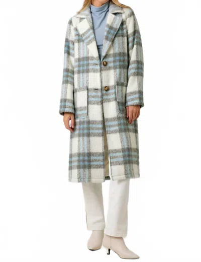 Mystree Fuzzy Plaid Long Coat In Blue/ivory