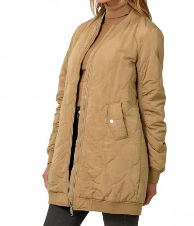 Mystree Guilted Long Bomber Jacket In Latte In Brown