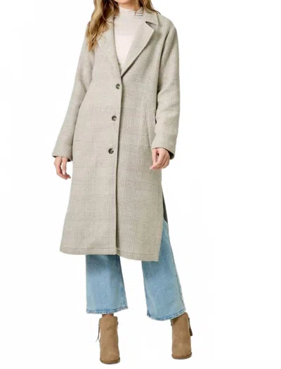 Mystree Houndstooth Plaid Long Coat In Almond In Multi