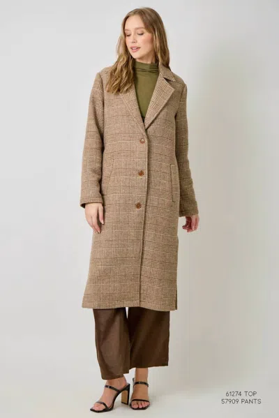 Mystree Houndstooth Plaid Long Coat In Latte In Brown