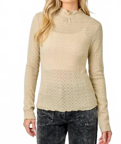 Mystree Lettuce Edge Mock Neck Eyelet Top In Beige