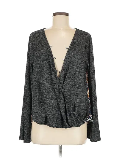 Pre-owned Mystree Long Sleeve Top Gray Plunge Neckline Tops