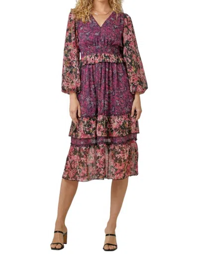 Mystree Mix Floral Midi Dress In Burgundy Print In Multi