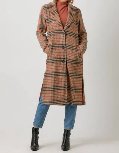 Mystree Mixed Media Long Coat In Taupe/pumpkin In Multi